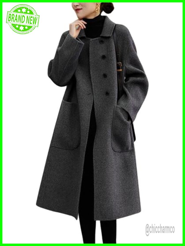 Women's Wool Blend Midi Trench Coat Single Breasted Business Casual Long